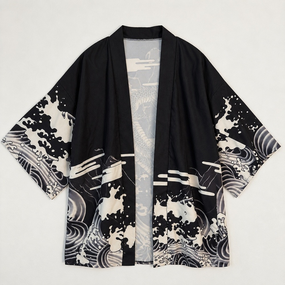 Kimono Dragon Wave Print Cardigan Robe Black White Maximalist Whimsical One Size